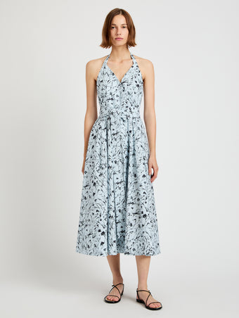 Proenza Schouler front image of model wearing Rhea Dress in Printed Poplin in frost/black