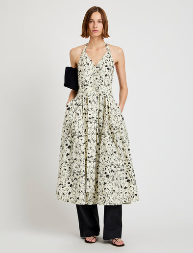 Proenza Schouler front image of model wearing Rhea Dress in Printed Poplin in light butter/black