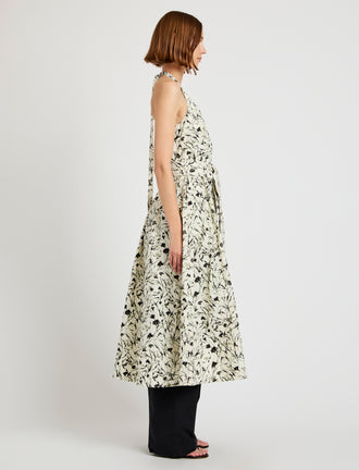 Proenza Schouler side image of model wearing Rhea Dress in Printed Poplin in light butter/black