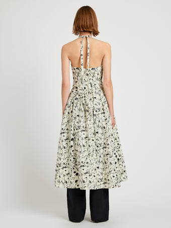 Proenza Schouler back image of model wearing Rhea Dress in Printed Poplin in light butter/black