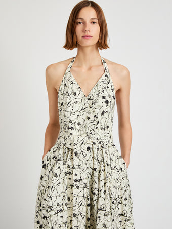 Proenza Schouler detail image of model wearing Rhea Dress in Printed Poplin in light butter/black