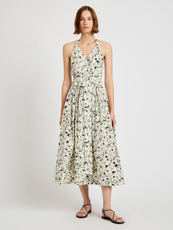 Proenza Schouler front image of model wearing Rhea Dress in Printed Poplin in light butter/black