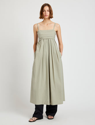 Proenza Schouler Front full length image of model wearing Claudine Dress in Tech Poplin in Sage