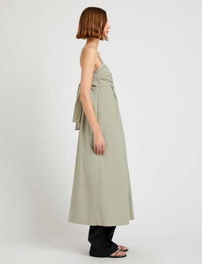 Proenza Schouler Side full length image of model wearing Claudine Dress in Tech Poplin in Sage