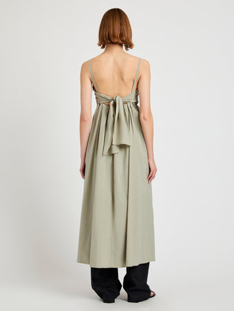 Proenza Schouler Back full length image of model wearing Claudine Dress in Tech Poplin in Sage