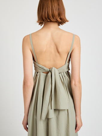 Proenza Schouler Detail image of model wearing Claudine Dress in Tech Poplin in Sage