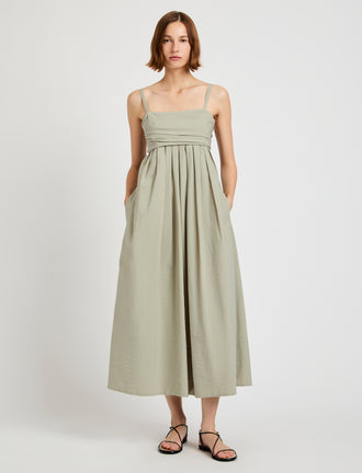 Proenza Schouler Front full length image of model wearing Claudine Dress in Tech Poplin in Sage