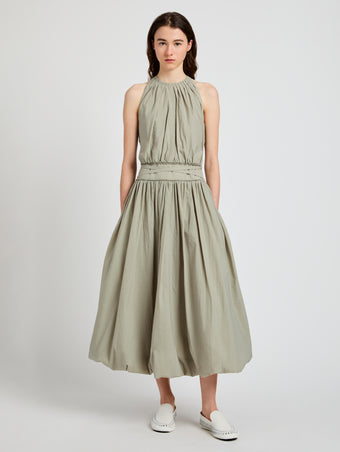 Proenza Schouler Front full length image of model wearing Wylie Dress in Tech Poplin in Sage