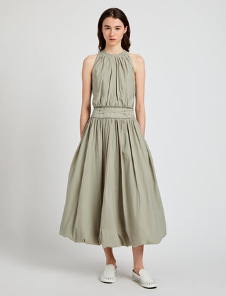 Proenza Schouler Front full length image of model wearing Wylie Dress in Tech Poplin in Sage