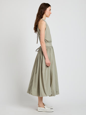 Proenza Schouler Side full length image of model wearing Wylie Dress in Tech Poplin in Sage