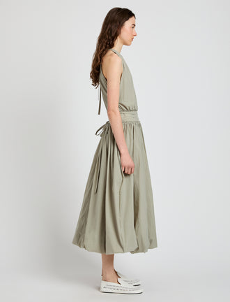 Proenza Schouler Side full length image of model wearing Wylie Dress in Tech Poplin in Sage