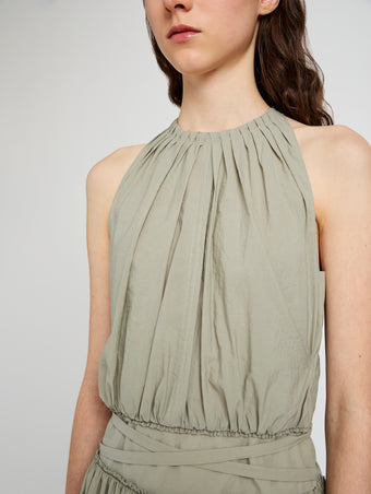 Proenza Schouler Detail image of model wearing Wylie Dress in Tech Poplin in Sage