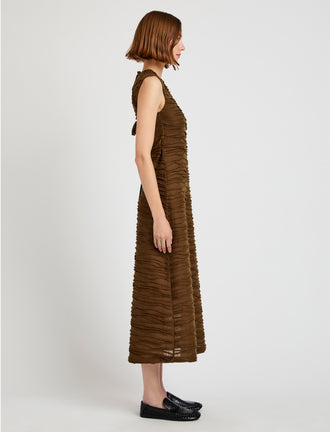 Proenza Schouler Side full length image of model wearing Laura Dress in Textured Cotton in Wood