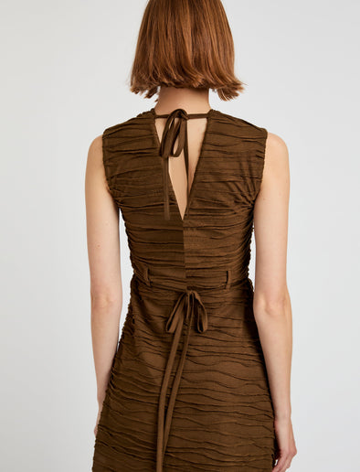 Proenza Schouler Detail image of model wearing Laura Dress in Textured Cotton in Wood