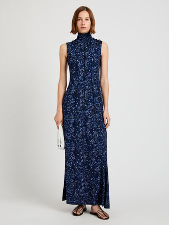 Proenza Schouler front image of model wearing Valentina Dress in Printed Jersey in navy/slate