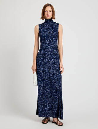 Proenza Schouler front image of model wearing Valentina Dress in Printed Jersey in navy/slate