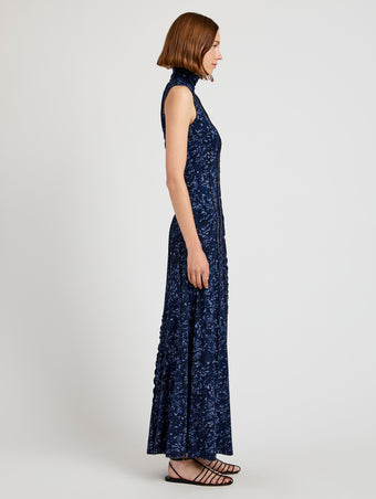 Proenza Schouler side image of model wearing Valentina Dress in Printed Jersey in navy/slate