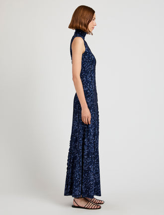 Proenza Schouler side image of model wearing Valentina Dress in Printed Jersey in navy/slate