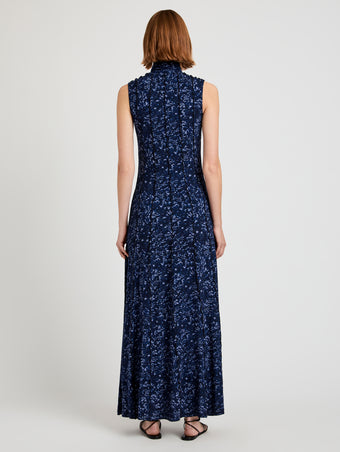 Proenza Schouler back image of model wearing Valentina Dress in Printed Jersey in navy/slate
