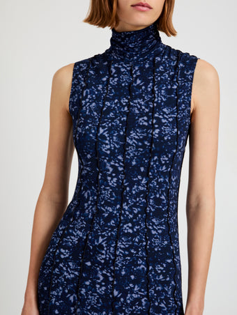 Proenza Schouler detail image of model wearing Valentina Dress in Printed Jersey in navy/slate