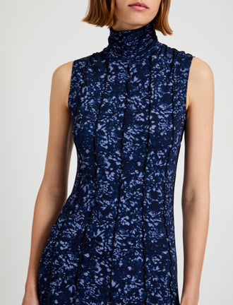 Proenza Schouler detail image of model wearing Valentina Dress in Printed Jersey in navy/slate