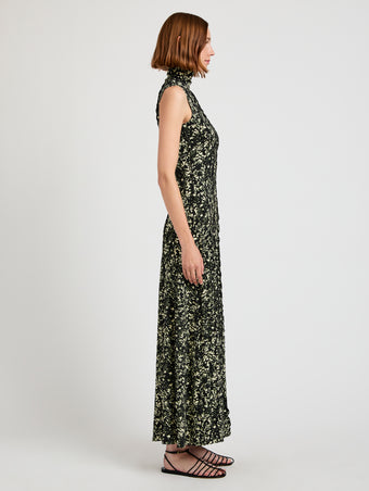 Proenza Schouler side image of model wearing Valentina Dress in Printed Jersey in black/lemon