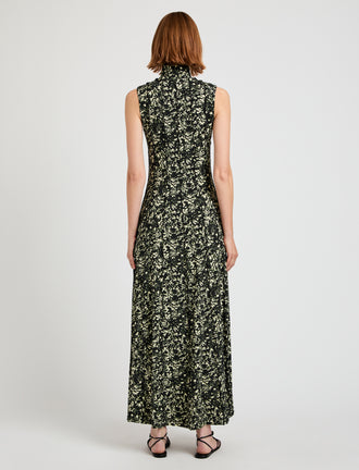 Proenza Schouler back image of model wearing Valentina Dress in Printed Jersey in black/lemon
