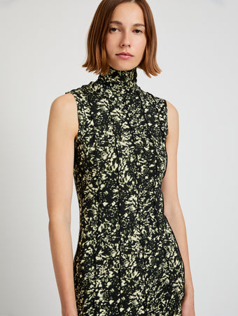 Proenza Schouler detail image of model wearing Valentina Dress in Printed Jersey in black/lemon