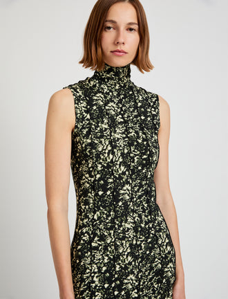 Proenza Schouler detail image of model wearing Valentina Dress in Printed Jersey in black/lemon