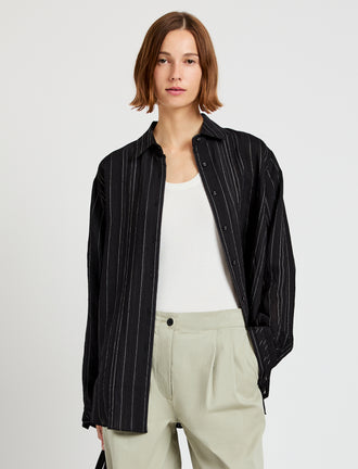 Proenza Schouler cropped front image of model wearing Raven Shirt in Woven Stripe Flou in black/chalk