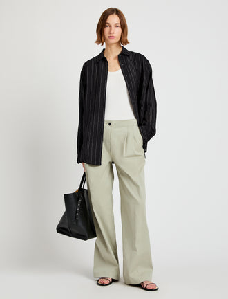 Proenza Schouler front image of model wearing Raven Shirt in Woven Stripe Flou in black/chalk