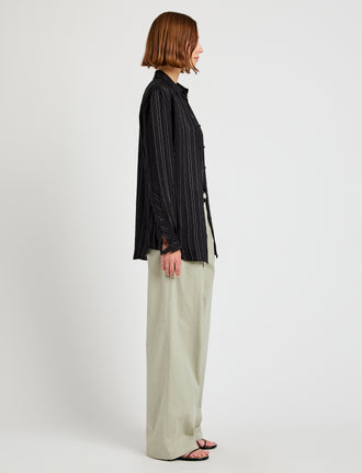 Proenza Schouler side image of model wearing Raven Shirt in Woven Stripe Flou in black/chalk