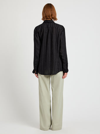 Proenza Schouler back image of model wearing Raven Shirt in Woven Stripe Flou in black/chalk