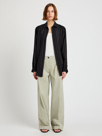 Proenza Schouler front image of model wearing Raven Shirt in Woven Stripe Flou in black/chalk