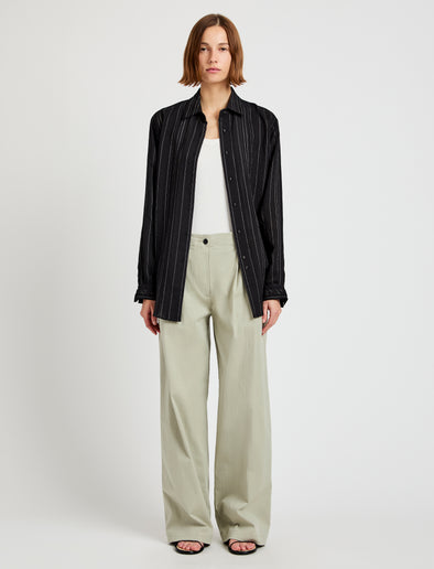 Proenza Schouler front image of model wearing Raven Shirt in Woven Stripe Flou in black/chalk