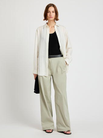 Proenza Schouler front image of model wearing Raven Shirt in Woven Stripe Flou in chalk/black