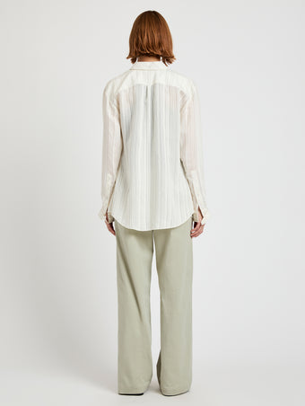 Proenza Schouler back image of model wearing Raven Shirt in Woven Stripe Flou in chalk/black