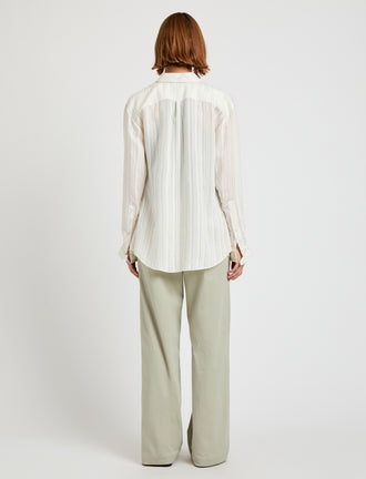Proenza Schouler back image of model wearing Raven Shirt in Woven Stripe Flou in chalk/black