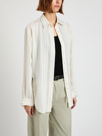 Proenza Schouler detail image of model wearing Raven Shirt in Woven Stripe Flou in chalk/black
