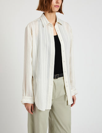 Proenza Schouler detail image of model wearing Raven Shirt in Woven Stripe Flou in chalk/black