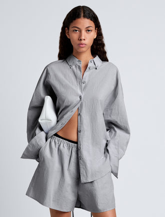 Proenza Schouler front cropped image of model wearing Caroline Shirt in Linen Shirting in grey melange
