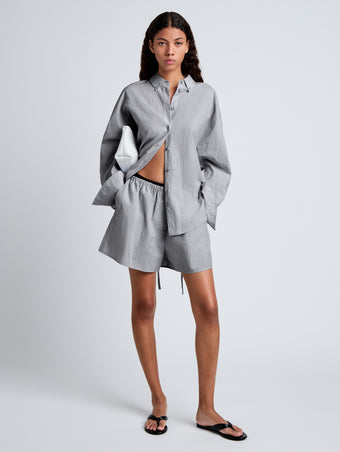 Proenza Schouler front image of model wearing Caroline Shirt in Linen Shirting in grey melange