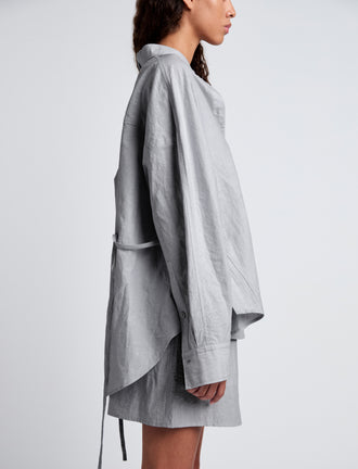 Proenza Schouler detail image of model wearing Caroline Shirt in Linen Shirting in grey melange