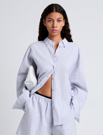 Proenza Schouler Front cropped image of model wearing Caroline Shirt in Linen Shirting in Light Oxford Melange