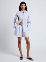 Proenza Schouler Front full length image of model wearing Caroline Shirt in Linen Shirting in Light Oxford Melange