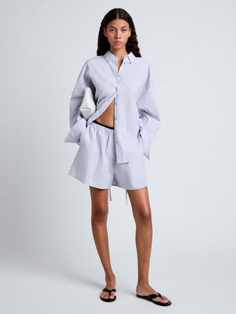 Proenza Schouler Front full length image of model wearing Caroline Shirt in Linen Shirting in Light Oxford Melange