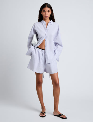 Proenza Schouler Front full length image of model wearing Caroline Shirt in Linen Shirting in Light Oxford Melange