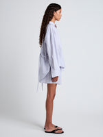 Proenza Schouler Side full length image of model wearing Caroline Shirt in Linen Shirting in Light Oxford Melange