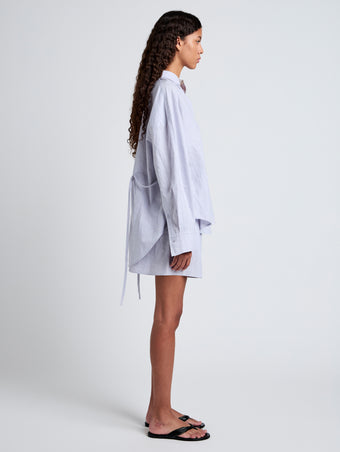 Proenza Schouler Side full length image of model wearing Caroline Shirt in Linen Shirting in Light Oxford Melange