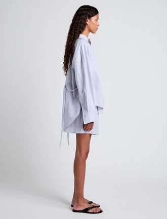 Proenza Schouler Side full length image of model wearing Caroline Shirt in Linen Shirting in Light Oxford Melange